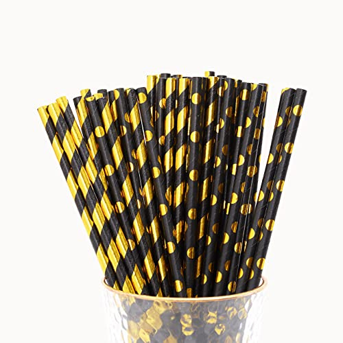 100 Stück biologisch abbaubare goldene Papierstrohhalme Party Strohhalme Papiertrinkhalme, für Party, Geburtstag, Hochzeit, Feiern – Schwarz mit Metallic-Folie gestreift/Welle/Herz/Stern (197 * 6mm)