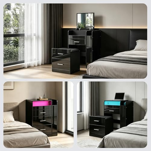 Schminktisch-Set mit LED-Lichtern, 90° klappbarer Spiegel, 2 Schubladen, Make-up-Tisch-Set mit gepolstertem Hocker, Schreibtisch, Schminktisch für Mädchen Schlafzimmer (Schwarz)