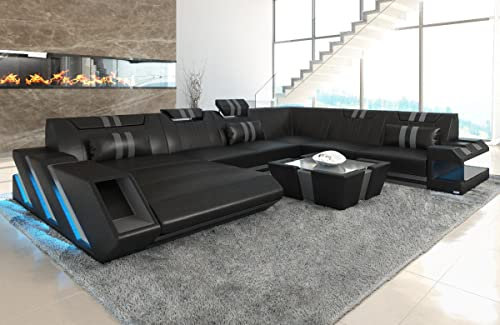 Sofa Apollonia XXL U Form Wohnlandschaft Leder Couch mit LED Ledersofa mit Ottomane und Kopfstützen (Ottomane Links, Schwarz-Grau)