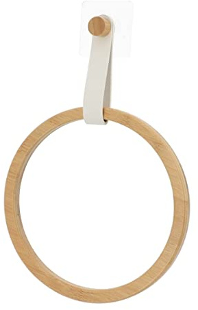Porte-serviettes circulaire en bambou avec fixation en cuir synthétique, porte-serviettes 21 cm pour lavabo avec fixation adhésive sans trous (Porte-serviettes blanc)