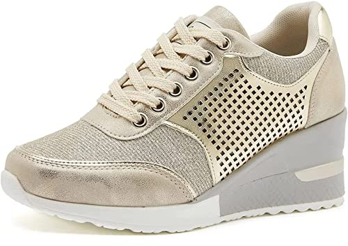 EXECAB Zapatillas de Deporte con cuña para Mujer, Zapatillas con Cordones de tacón de 3,15 , Zapatos de Plataforma de tacón Oculto Antideslizantes, Zapatos de Boda para Caminar,Oro,41