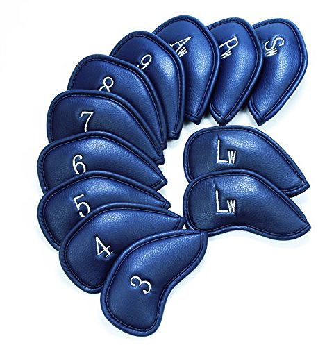 Lot de 12 housses de protection pour tête de fer de golf en cuir synthétique - Compatibles avec toutes les marques (bleu marine)