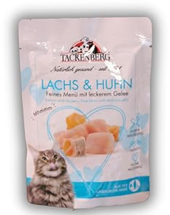 TACKENBERG Katzenfutter Lachs und Huhn, Nassfutter für Katzen 12 x 85 g - Hochwertiges Katzennassfutter für eine ausgewogene Ernährung in Premiumqualität