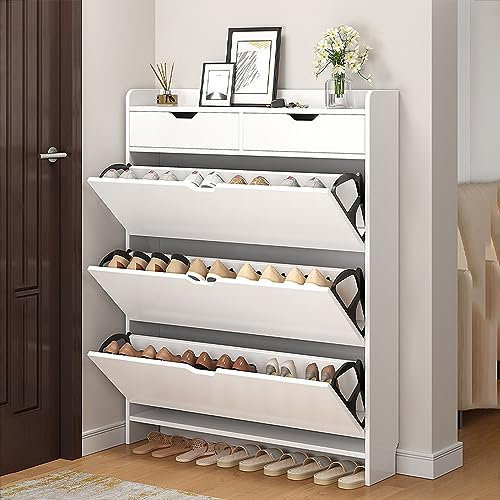 CLoxks Schuhschrank Weiss, Breit, Schuhkipper Und Aufbewahrung für Flur, Wohnzimmer, Balkon, Schlafzimmer