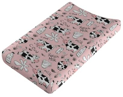Wanyint Wickelauflagenbezug mit niedlichem Kuh-Druck, neutraler Uni-Bezug für Wickelunterlage, Musselin-Wickeltischauflage für 81,3 x 40,6 cm Wickelunterlagen