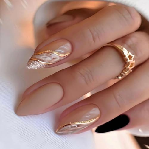 Angwis 24pcs Short Almond False Nails Black Nude Matte Stick on Nails Glitter Gold Swirl Press on Nail Removable Glue on Acrylic Full Cover Fake Nail Art Accessories for Women