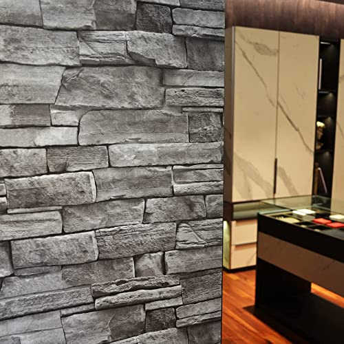 auxua Grey Brick Wallpaper Peel and Stick 17.7x 236 Newly Upgraded and Thickened Faux 3D Stone Wallpaper for Bathroom, Bedroom, Kitchen, Living Room