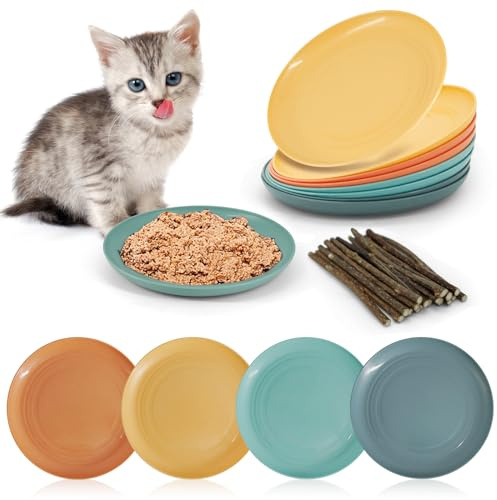 TRUEIN 8 Stück Katzennapf Flach, 20 Stück Katzenminze Stick, Katzenschüssel für Futter und Wasser, Katzenteller, Matatabi Sticks für Katzen, Katzenfutternapf für Die Fütterung von Kätzchen (4 Farben)