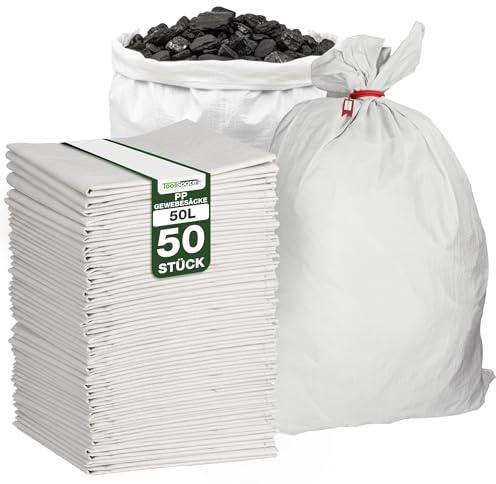 ToolSpace Sac à Gravats PP Tissé, 65×105 cm en Polypropylène 50x Sac Chantier pour Gravier Sable Feuilles Déchets de Construction Jardin - Réutilisable - Résistant 50 kg Sacs a Gravats Toile Tissée