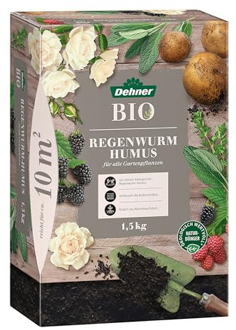 Dehner Bio Regenwurm-Humus, hochwertiger Universaldünger, Dünger für Gartenpflanzen, 100 % natürlich, organischer NPK-Dünger, mit Spurennährstoffen, 1.5 kg, bunt