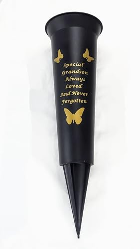 David Fischhoff In Loving Memory DF13659 - Florero conmemorativo para tumba (nieto, negro y dorado), diseño de tumba