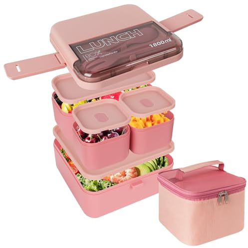Linkidea Bento Box with Lunch Bag, Reusable Food Container with 2 Layers Multi Compartment and Flatware, Storage Box with Leak-Proof Lids Safe in Microwave/Dishwasher/Freezer (1800ML, Pink)