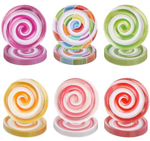 PEUTIER 60 Pezzi Piatti di Carta a Tema Caramelle, 17,8cm Colorati Piatto da Dessert a Forma di Lecca-Lecca Dolci Decorazioni Festa Tema Caramelle per Compleanni Bambini Baby Shower Feste Forniture