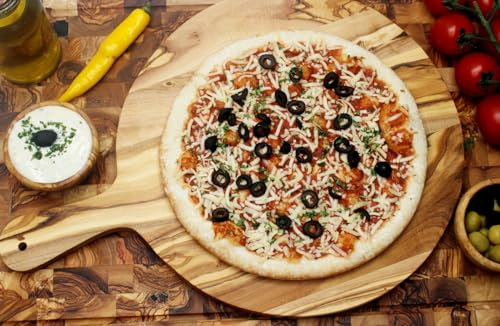 DAGDEG Tabla para pizza de madera de olivo, tabla para servir con asa, plato de pizza con mango de madera, tabla redonda de madera, diámetro 32 cm, hecha a mano (madera de olivo, tabla para pizza de