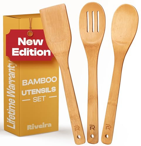 Riveira Bamboo Wooden Spoons for Cooking 3-Piece, Apartment Essentials Wood Spatula Spoon Nonstick Kitchen Utensil Set Premium Quality Housewarming Gifts for Everyday Use
