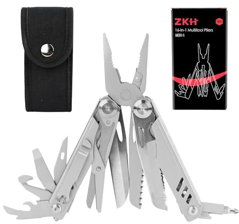 ZKH Multifunktions-Werkzeug,16 Funktionen, Multifunktionswerkzeug, Camping Multitool mit Sicherheitsverriegelung, Edelstahl, Leicht zu transportieren Mann Geschenk für Outdoor, Reparieren, Wandern