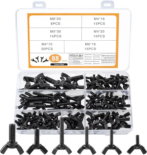 88 Pz Bulloni ad Alette a Farfalla, M4 M5 M6 M8 Dado Viti a Testa Zigrinata, Fissaggio ad Alette per Auto Macchinari Attrezzature Elettroniche Mobili (88 Nero)