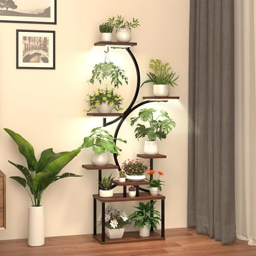 Niwugady Support pour plantes à 8 niveaux, présentoir pour plantes de 150 cm avec lampes de croissance, supports à étages en métal, grande étagère pour pot de fleurs