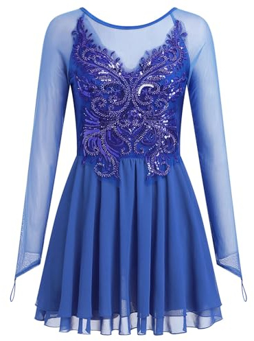AFAVOM Women's Figure Ice Skating Dress Shiny Sparkle Floral Embroidery Ballet Dance Dress Long Sleeve Sequins Rhinestones Ruffle Chiffon Dress Skating Competition Lyrical Dancewear Mesh Dress Blue L
