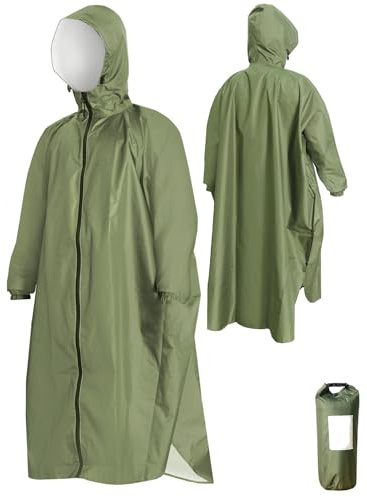 ANYOO Chubasquero Mujer Hombre Impermeable Poncho de Lluvia Portátil Ligera con Mangas Largas para Senderismo Al aire libre Ciclismo, Verde militar, Talla única