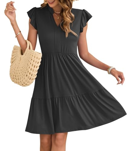 AUSELILY Women Summer Dress V Neck Ruffle Short Sleeve Ladies Dress Wrap Waist Casual Minidress with Pockets Black XL