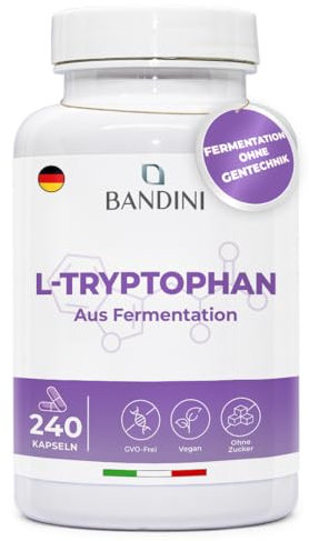 Bandini® L-Tryptophan 240 Kapseln - L Tryptophan hochdosiert mit 500mg je Kapsel - 8 Monate Reichweite - Aus pflanzlicher Fermentation - Laborgeprüft, ohne unerwünschte Zusätze - 100% Vegan