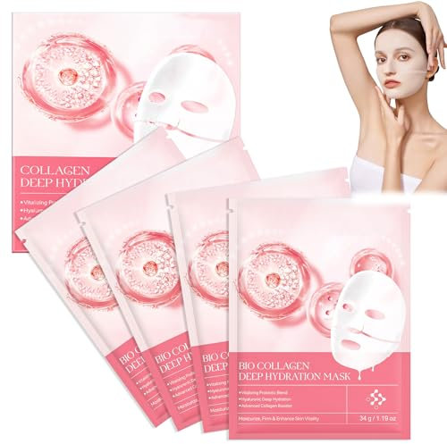 Coffret Masque Visage Noël, Masque Hydratant Visage, Bio-Collagen Real Deep Mask, Masques Bio Collagenes visage Coréen, Resserrement des Pores Améliore, 4 Pièces