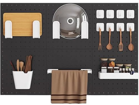 Kit d'organisation murale en panneau perforé, panneau d'affichage modulaire suspendu en métal avec accessoires, panneau de rangement DIY pour salle d'artisanat, garage, cuisine, bureau (noir