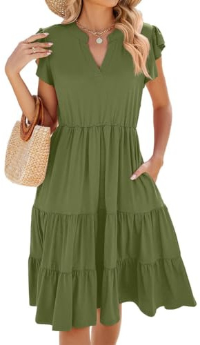Yutdeng Vestido Corto Mujer Verano Casual Vestido Manga Corta Volantes Cuello V con Bolsillos Vestidos Camiseros Elegante Vestidos Sueltos A Line Vestidos de Mujer Vestido Playero,Verde,M
