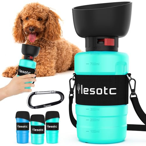 lesotc Hundetrinkflasche für unterwegs mit Faltnapf, 800 ml, Tiffany Blau | Auslaufsichere Wasserflasche für Hunde mit Silikondichtung und Karabiner, ideal für Spaziergänge, Reisen und Camping