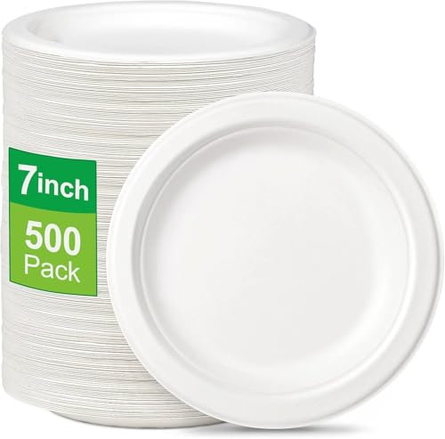 DHANZIPAK 500 Disposable 7 inch Paper Plates (18cm) – Eco-Friendly White Paper Party Plates – Grease-Resistant, Recyclable & Compostable – Ideal for Parties, BBQs, Picnics, Catering & Everyday Use