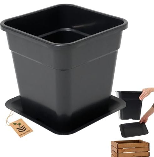 HOMERZO Quadratischer Pflanztopf 18L Schwarz - Professioneller Anzuchttopf mit Bodenlöchern - Kunststoff Pflanzcontainer 30x30 cm - Drainagesystem gegen Staunässe (mit Untersetzer, 6, Stück)