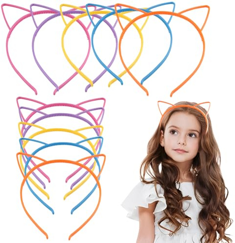 EAVUYIS Katzenohren Haarreif, 10 Stück Katze Haar Hoops, Katzen Geburtstag Deko, Mädchen Haarschmuck Für Geburtstagsparty Cosplay