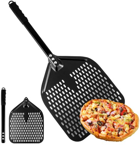 VIDETOL Perforierter Pizzaschieber, 39 x 30 cm Pizzaschaufel Perforiert, Antihaft Pizzaheber, Pizza Schieber aus Harteloxiertem Aluminium für Pizza, Brot, Hausgemachtes, 82 cm insgesamt