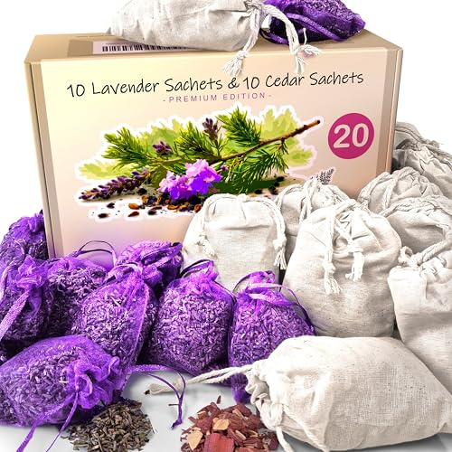 Vivenzia 20 Pack Cedar Sachets & Lavender Sachets for Drawers and Closets – Cedar Chips for Clothes Storage & Dried Lavender Sachets - Drawer Fresheners for Dresser. Closet Deodorizer.