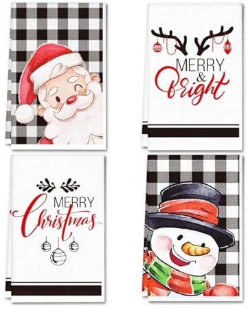 Queltrix Weihnachts Geschirrtücher 4er Set, 45x66 cm mit Weihnachtsmann & Rentier Design, Spülmaschinenfest, Saugstark - Festliche Küchenhandtücher für Weihnachtsdeko & Geschenk​
