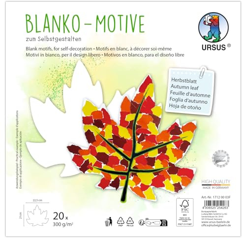 Ursus 1712 00 03F - Blanko Motive Herbstblatt, 20 Stück aus 300 g/m² Fotokarton, 22,5 x 21 cm, DIY Bastelpapier zum Ausmalen, Bekleben, Ausschneiden & Selbstgestalten
