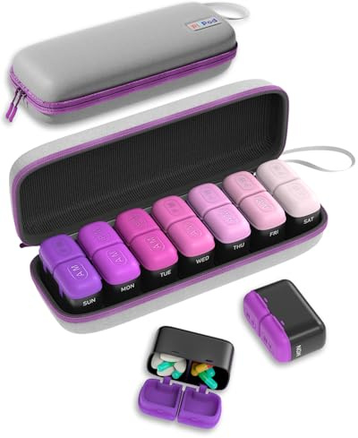 Tablettenbox 7 Tage Morgens Abends, Große Pillendose mit Silikonverschluss, Tragbare Medikamentenbox 7 Tage für Vitamine & Nahrungsergänzungsmittel, Kompakter Tabletten Organizer für Reise(Purple)