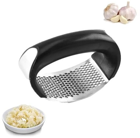 430 Stainless Steel Ring Garlic Press, Effortless Squeezing, Comfortable Grip, Professional Kitchen Gadgets, Garlic Press Rocker for Home Kitchen (Black)