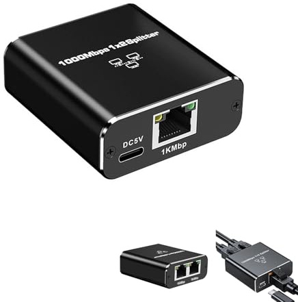 Ethernet-switch 2 portar, Ethernet Splitter 1 till 2 RJ45 1000 Mbps, Gigabit LAN-nätverksadapter 2 portar med USB C-ström, Ethernet-splitter för dator router smart tv-konsoler