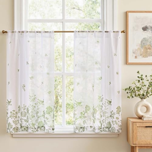Vangao Blumen Scheibengardinen Voile Bistrogardine 2er Set 65Bx90Hcm, Grün | Landhausstil Stores Boho Blumen Gardinen kurz, Halbtransparent, Küche Schlafzimmer Wohnzimmer Fenster Kinderzimmer Mädchen