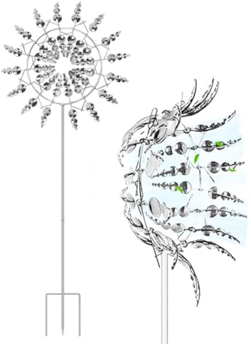 CEWROM Magische Windmühle, Einzigartige Metall Windmühle, 360° Dual Rotors kinetische Wind Spinner, 3D Metall-Windmühles Windspinner Spinner Skulpturen Windfänger für Patio Rasen,Garten (Silber)