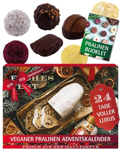 Hallingers Genuss Manufaktur Vegane Pralinen Adventskalender - mit & ohne Alkohol, handmade aus Confiserie-Edelkakao in wertigem Softfeel-Karton Adventsstimmung, Weihnachtskalender für Frauen Männer