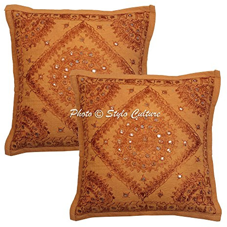 Stylo Culture Indio Fundas Almohadones Decorativa 40x40 cm Algodón Espejado Fundas De Cojines Sofa Marrón Caqui 16x16 Inch Bordado Cuadrado sobre Fundas De Almohadones para Cama - 2 Pcs
