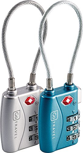 Go Travel TSA Combination Luggage Lock - Ultra Strong Cable - Twin Pack | Keeps your suitcase secure through airport security - approved padlock inspectable without being cut by security. Ref 360.
