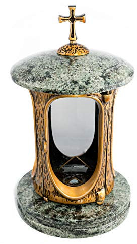 Afterglow - Farol para tumba Elégant con cruz de granito, aceituna de 27 cm de altura, 15 cm de diámetro, lámpara para tumba, lámpara de granito, bronce, con base de decoración