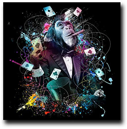 Jwqing Wandkunst Leinwand Kunstwerk Rauchen AFFE Malerei Coole Tiere AFFE Spielkarten Poster und Drucke Bilddruck Wohnzimmer Wohnkultur B_60x60cm_Frame
