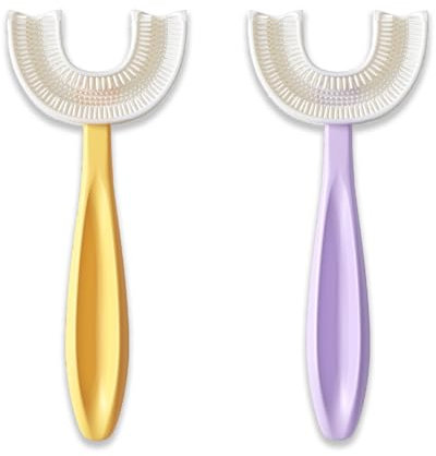 DR. SMITHSONS U Shaped Toothbrush Kids 6-12 Years Old- Two Premium Soft Toothbrushes Come with Travel Case & - Rounded Tooth Brushes Kids Size Head Makes Brushing Fun & Easy - 1 Purple, 1 Yellow