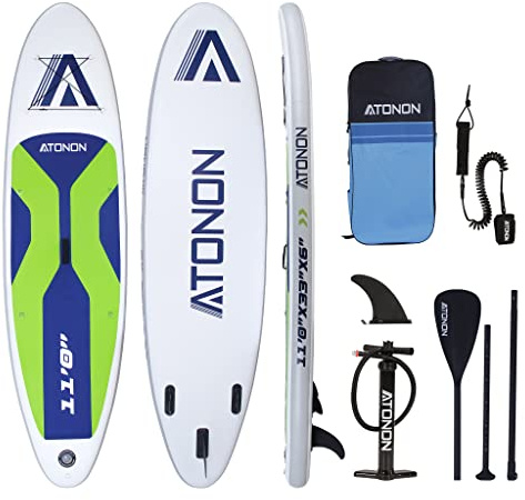 Run Wave Aufblasbares Stand Up Paddle Board Anti-Rutsch Deck mit Premium SUP Zubeh?r | Breiter Stand, untere Finnen f¡§1r Surfkontrolle | Jugendliche Erwachsene Anf?nger (ATONON Green)