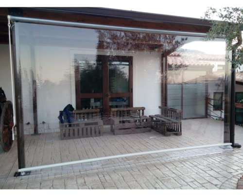 TENDAGGIMANIA Tenda Impermeabile Esterno Antipioggia Antivento Trasparente PVC Cristal - Tenda a rullo per esterno con telo cristal per veranda terrazzo balcone Personalizzabile (L.340CM X H.260CM)
